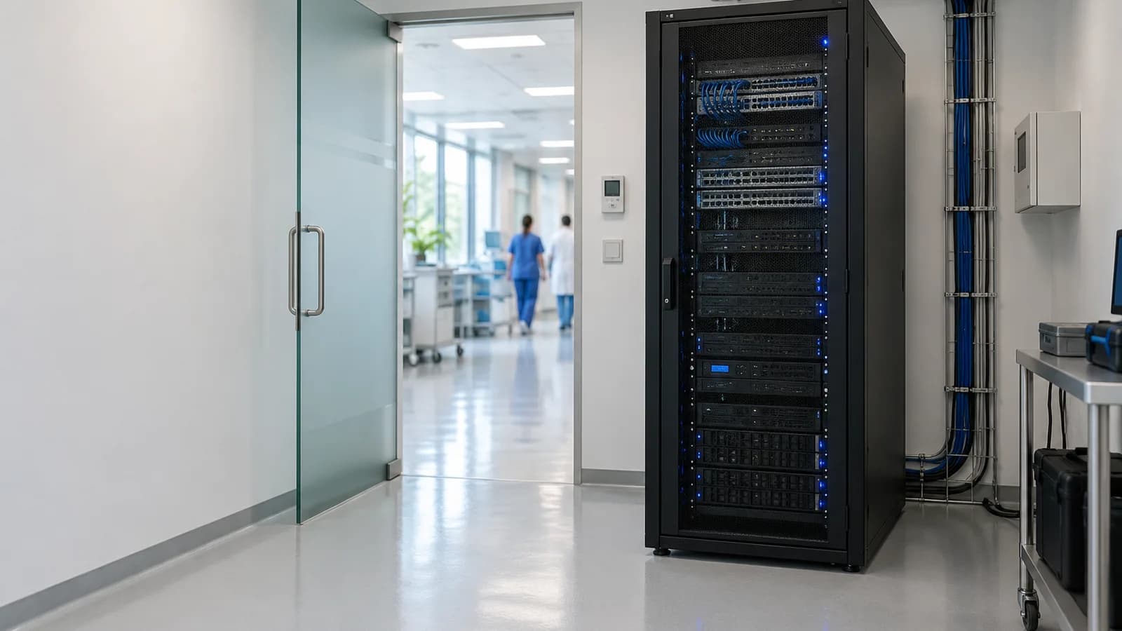 Rack de servidores numa sala técnica clara dentro de um hospital, com a porta aberta para o corredor