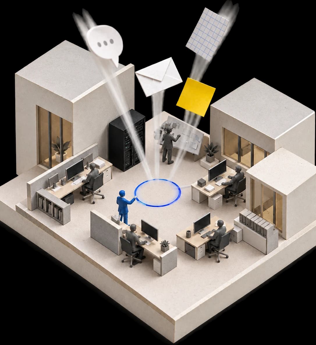 Maquete de um andar de empresa com equipe trabalhando ao redor de um anel de luz azul.