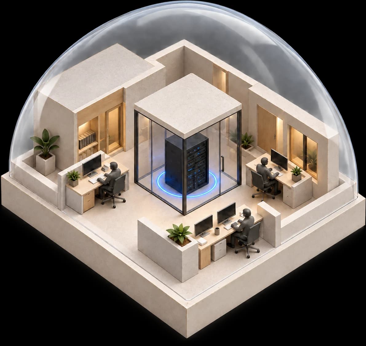 Maquete de uma empresa sob uma cúpula de vidro, com o servidor de inteligência artificial numa sala no centro.